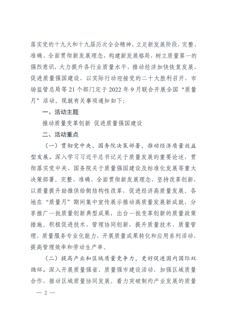 市場(chǎng)監(jiān)管總局等21個(gè)部委（部門）發(fā)文部署開展2022年全國(guó)&ldquo;質(zhì)量月&rdquo;活動(dòng)（國(guó)市監(jiān)質(zhì)發(fā)〔2022〕76號(hào)）